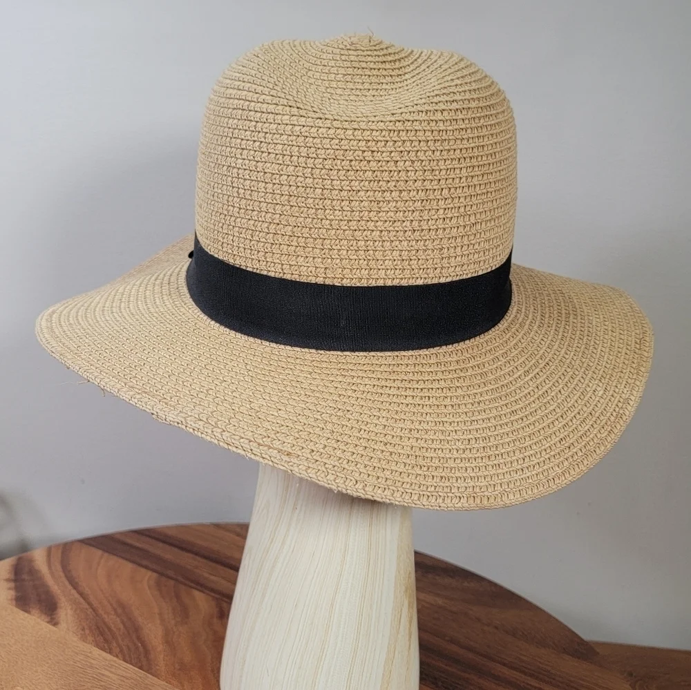 Summer Sun Hat Women's One Size Tan Fedora with Black Band Paper Straw Woven